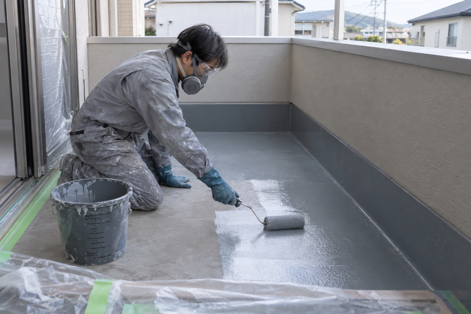 養生したベランダ床に防水材を塗り広げる作業(AI生成の作業イメージ)