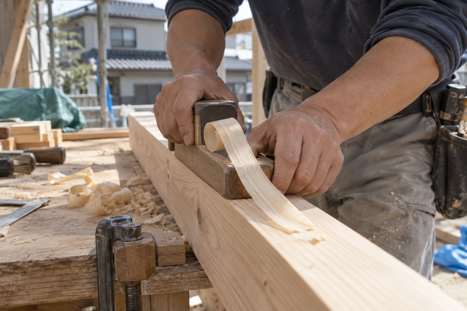 作業台で木材にかんなをかける手元（AI生成の作業イメージ）