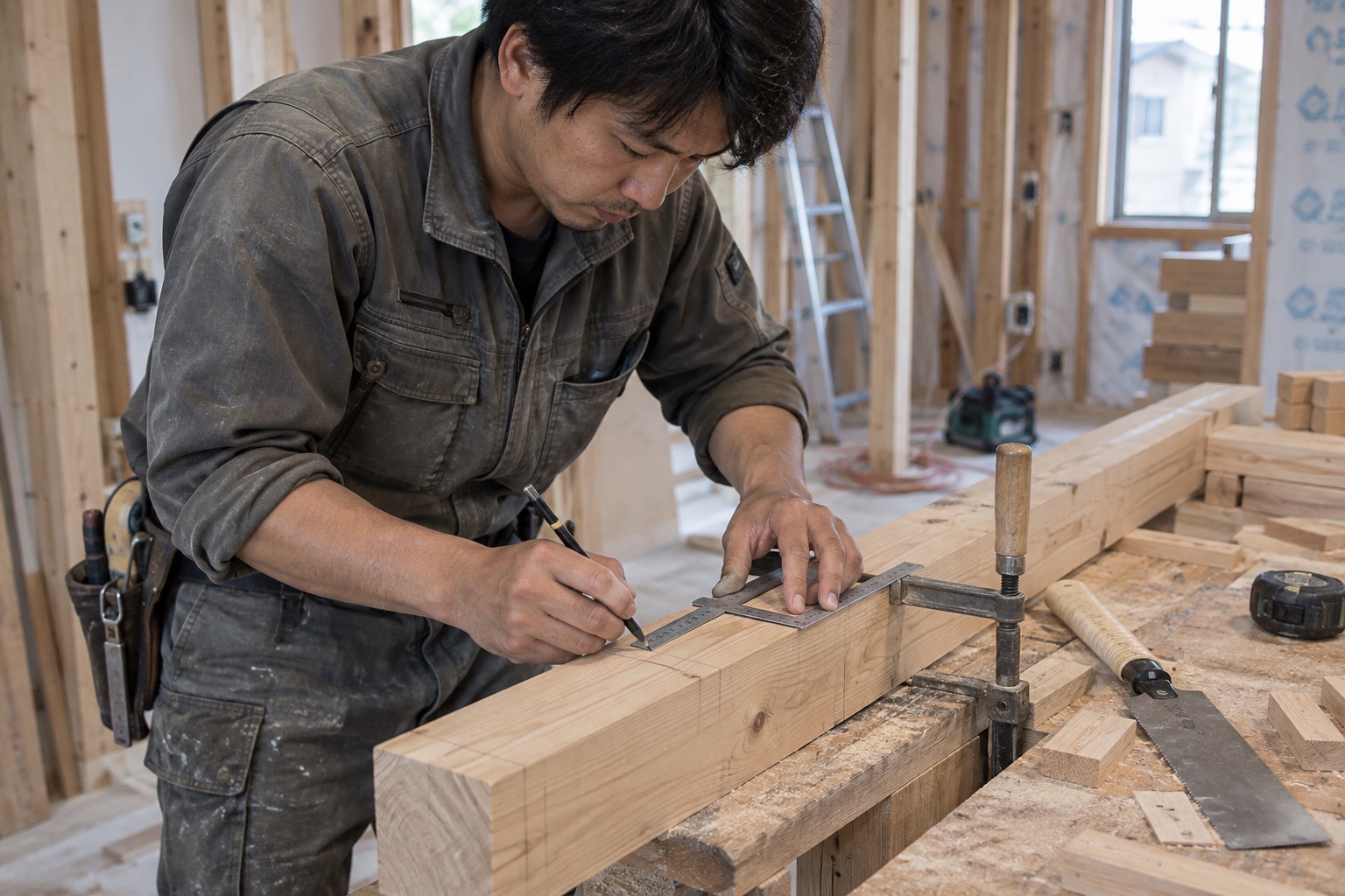 作業台で木材の寸法を測り切断位置を記す作業(AI生成の作業イメージ)