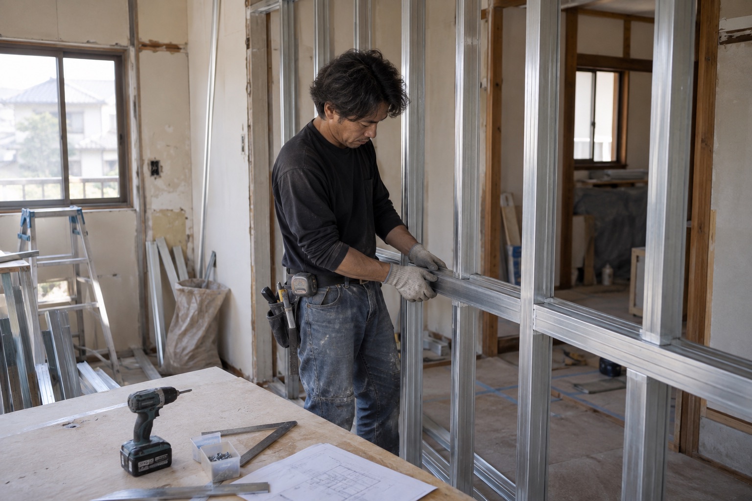 軽量鉄骨で間仕切りの下地を組む作業(AI生成の作業イメージ)