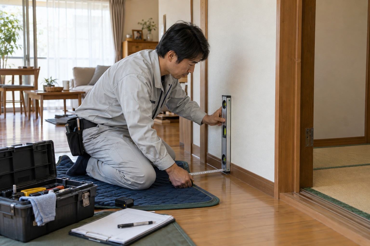 既存住宅の壁と床を測って状態を調べる大工(AI生成の作業イメージ)