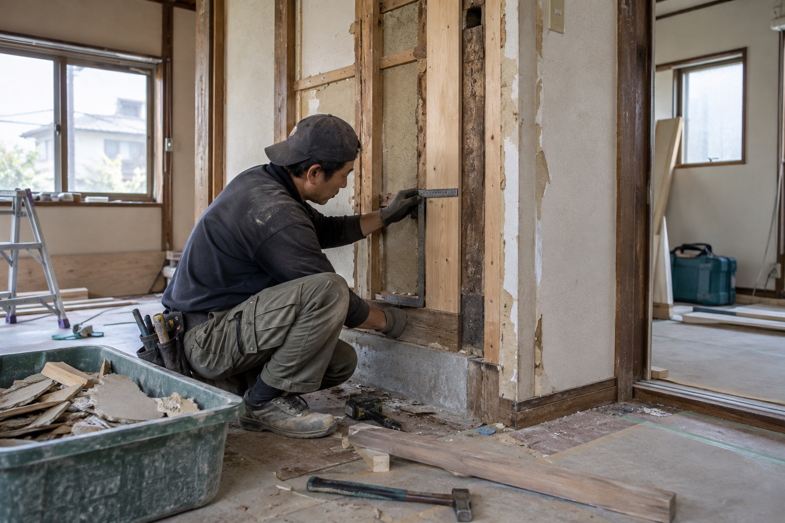 壁を開いて木部の状態を確認する住宅補修の作業（AI生成の作業イメージ）