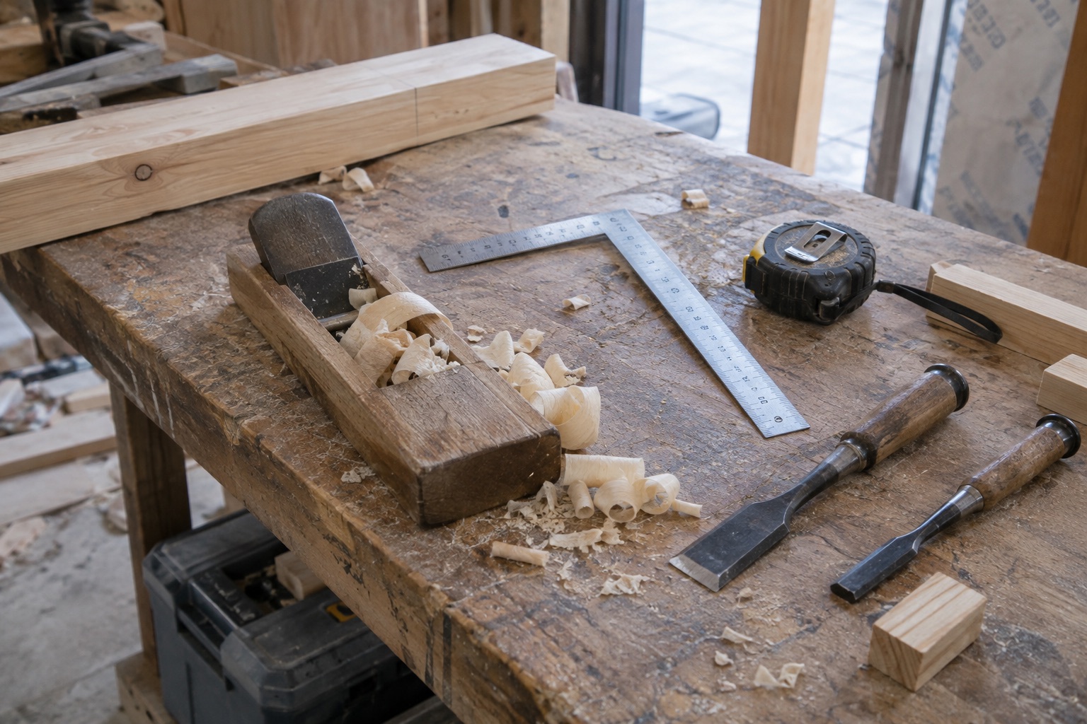 使い込んだ大工道具と木くずのある作業台(AI生成の作業イメージ)