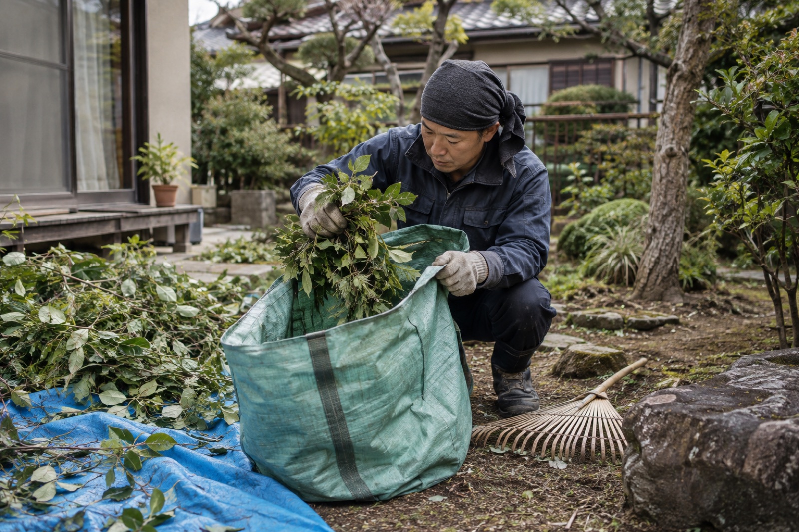 剪定で落ちた枝葉を集めて片付ける職人（AI生成の作業イメージ）