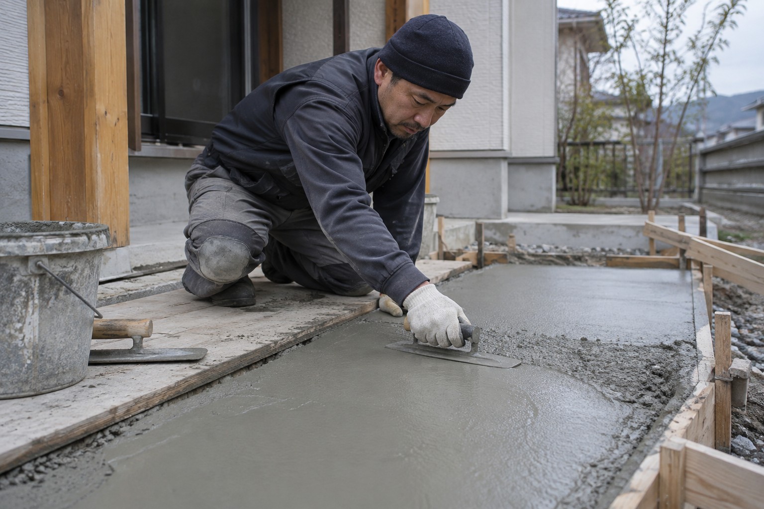 住宅外まわりのコンクリートをこてで均す作業(AI生成の作業イメージ)