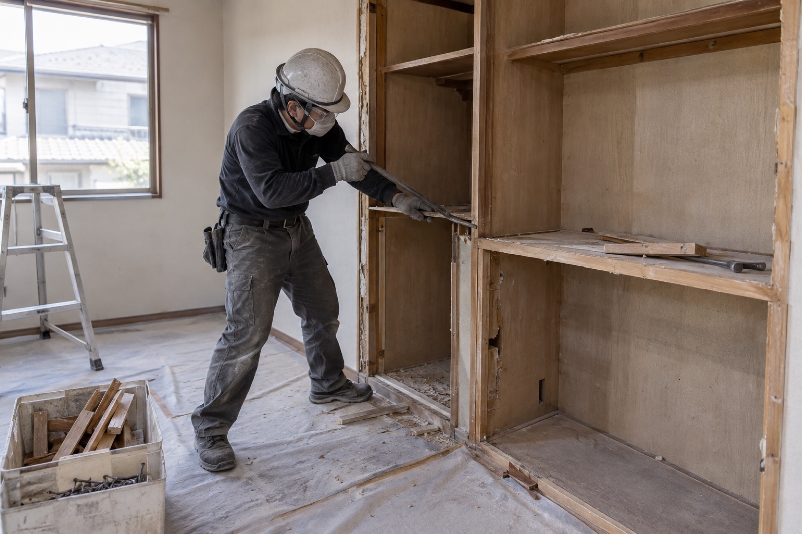 室内の既存収納を工具で取り外す作業(AI生成の作業イメージ)