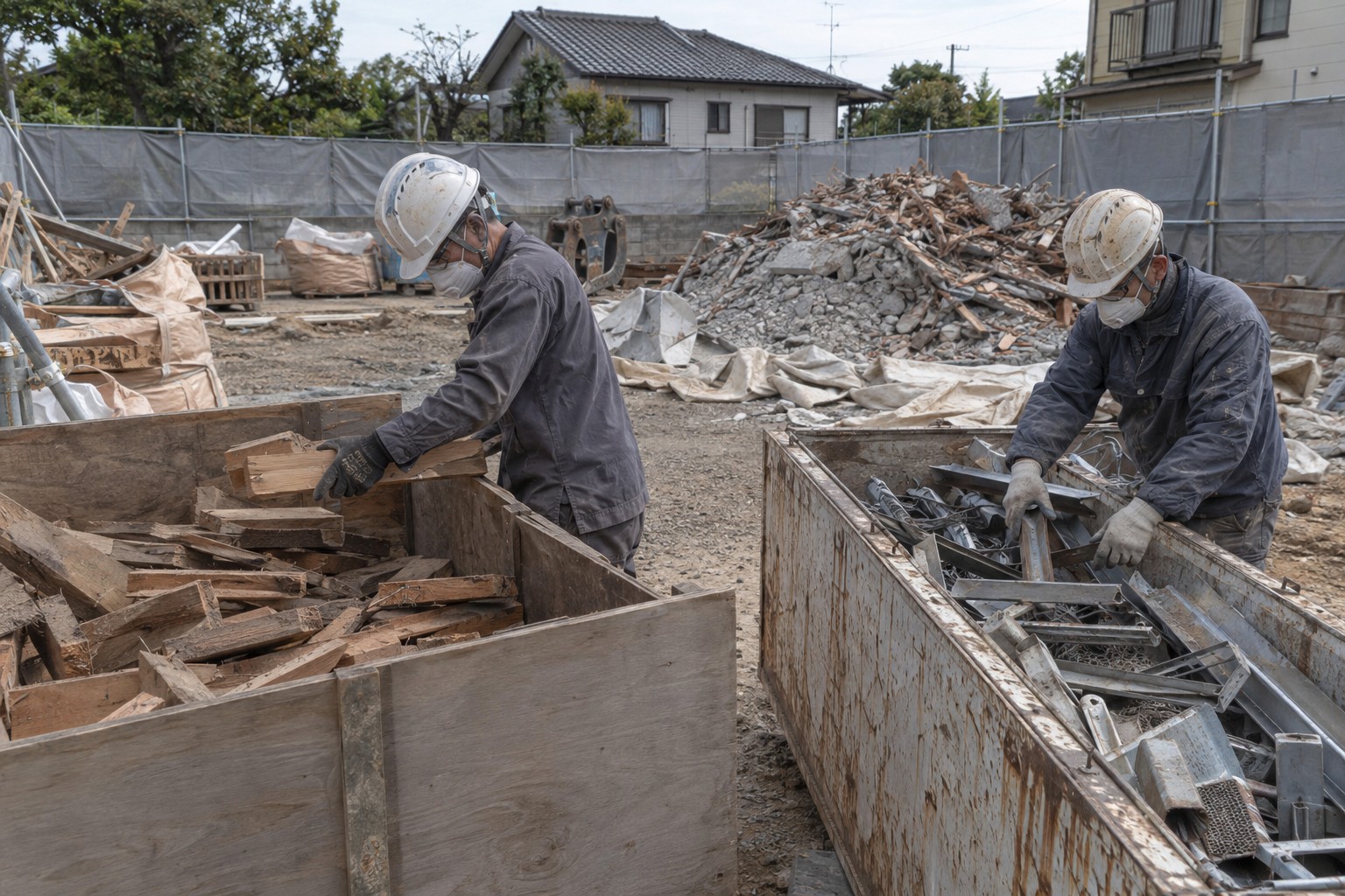 撤去した木材や金属を分けて片付ける解体作業(AI生成の作業イメージ)