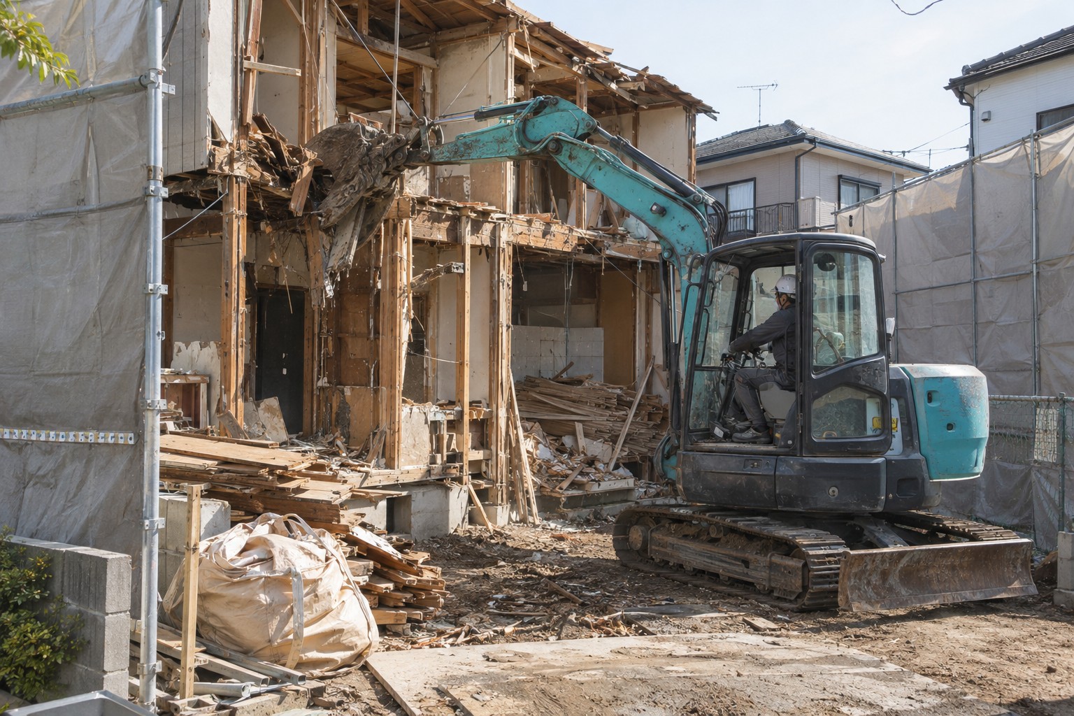 木造住宅を小型重機で解体する作業（AI生成の作業イメージ）