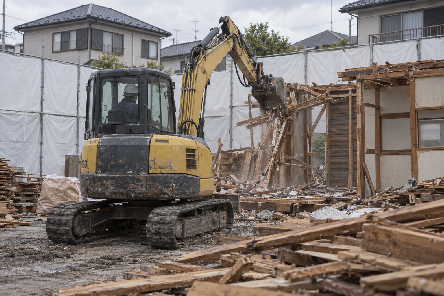 木造住宅の骨組みを重機で取り外す解体作業（AI生成の作業イメージ）