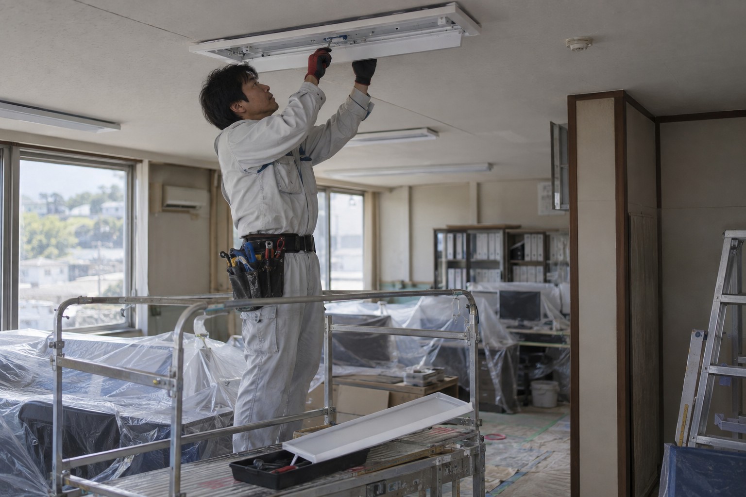 店舗の天井照明を取り付ける電気工事士(AI生成の作業イメージ)