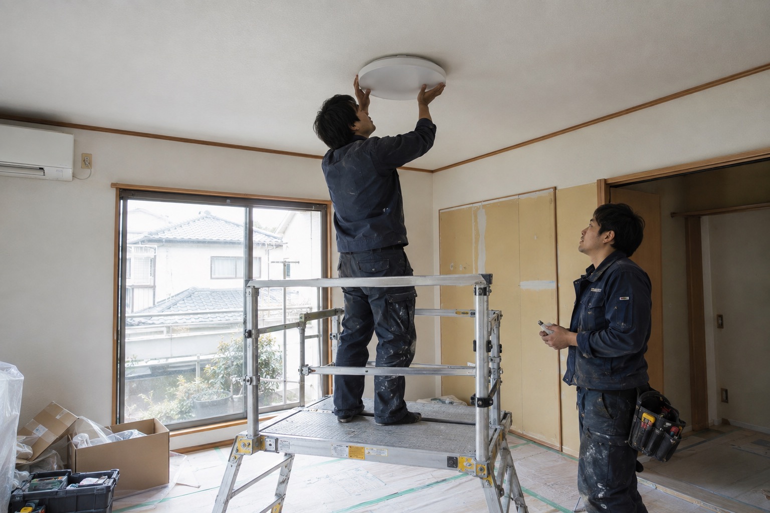 天井照明を取り付ける電気工事士(AI生成の作業イメージ)
