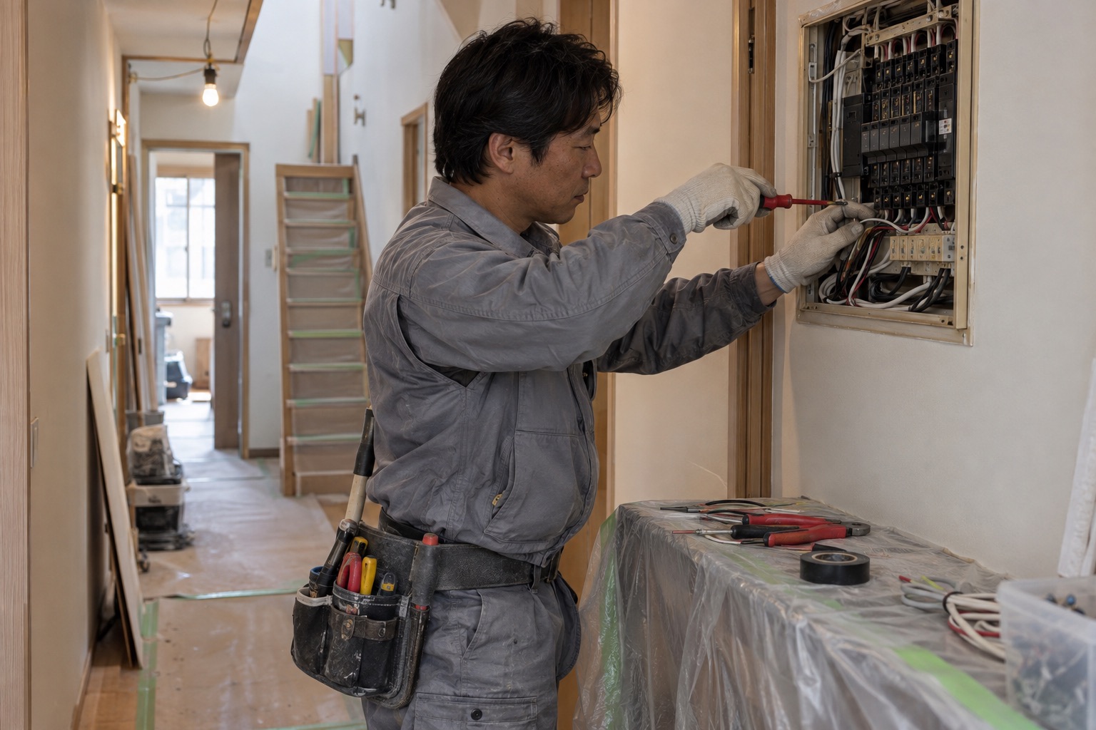電源を切った分電盤で配線を確認する電気工事士(AI生成の作業イメージ)