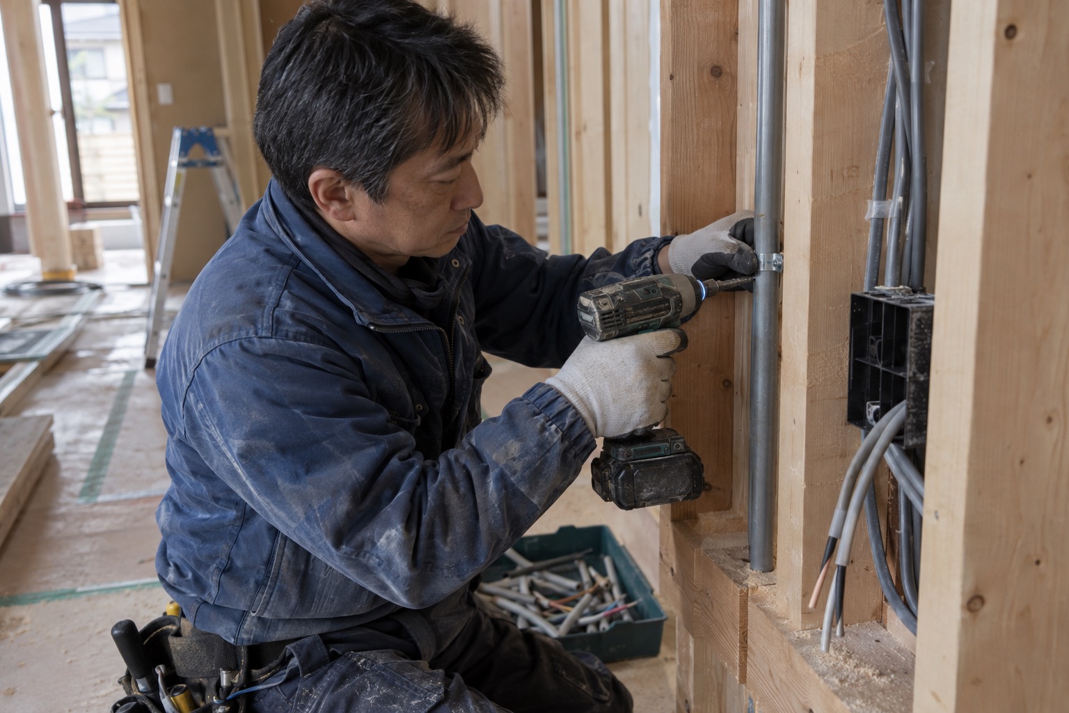 改修中の壁で電線管を固定する職人(AI生成の作業イメージ)
