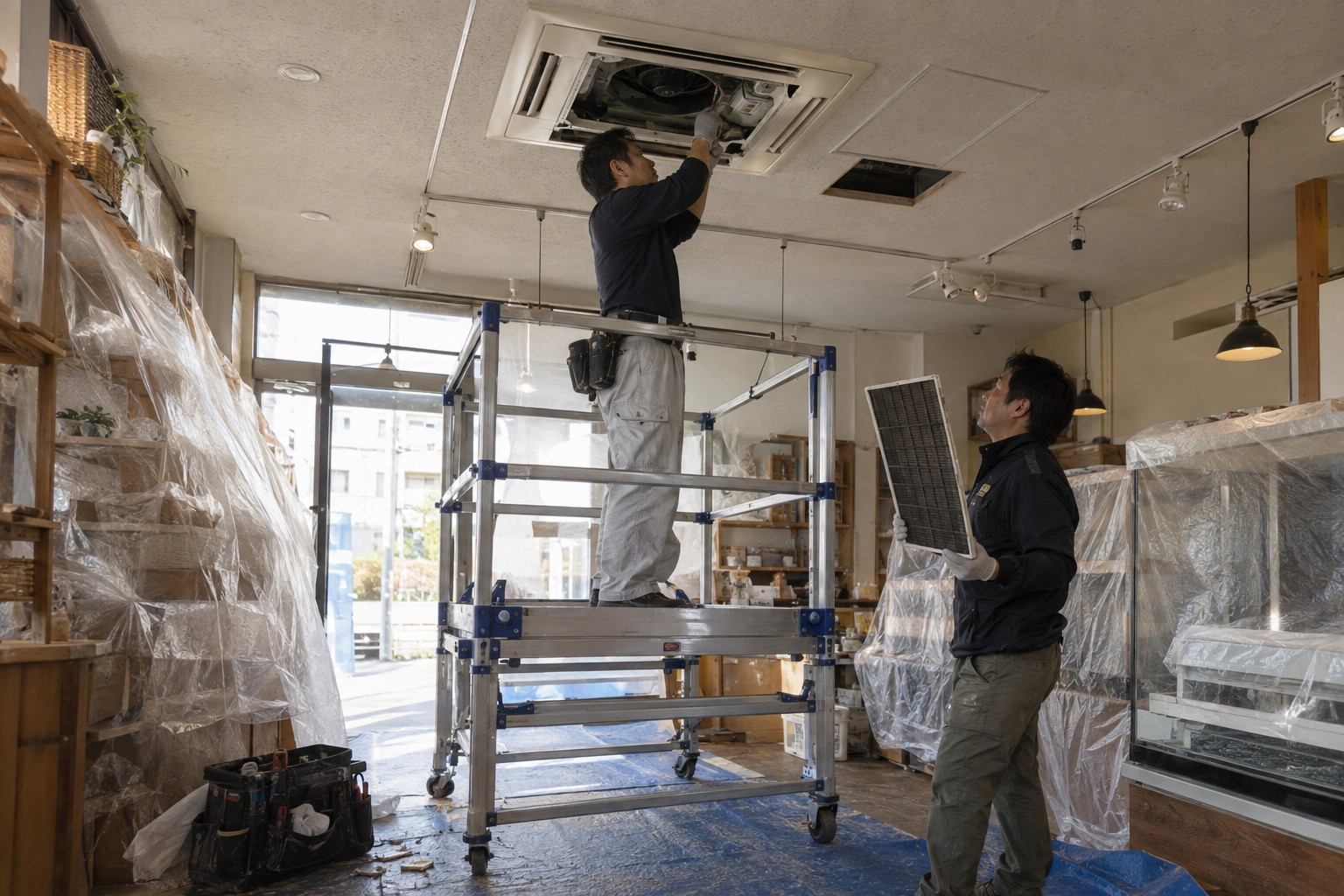店舗の天井カセット型空調機器を点検する二人の作業員(AI生成の作業イメージ)