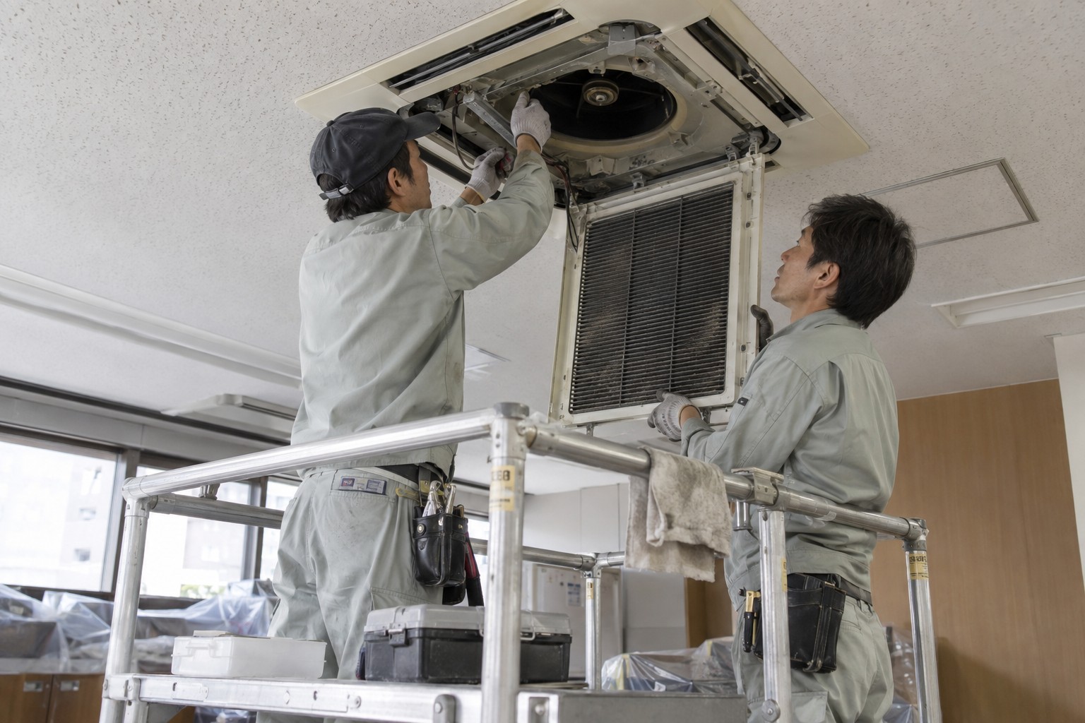 天井空調の内部を工具で調整する作業（AI生成の作業イメージ）