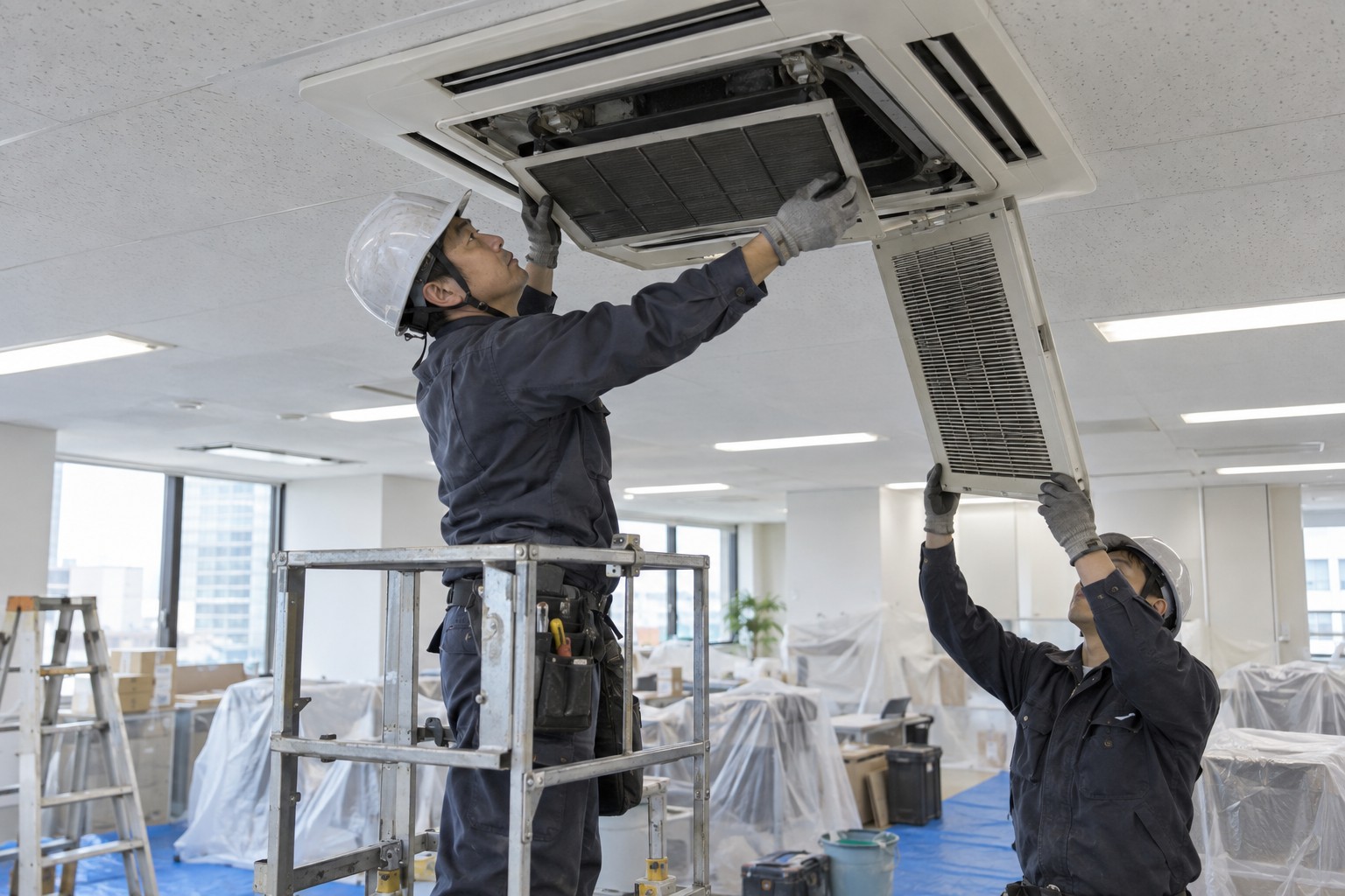 天井空調のフィルター枠を取り付ける作業（AI生成の作業イメージ）