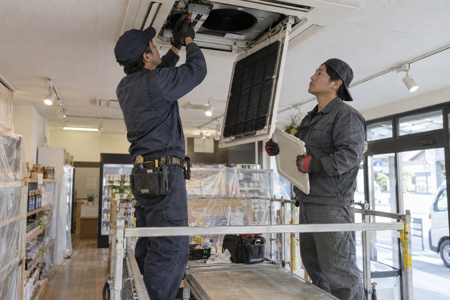 天井カセット型空調機器の部品を二人で確認する作業(AI生成の作業イメージ)