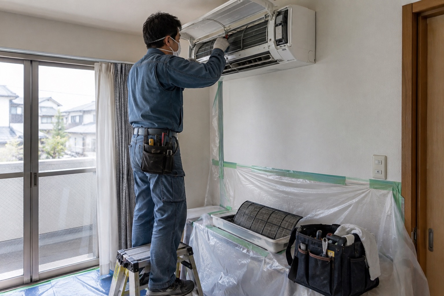 室内機のカバーを外して整備する空調作業員（AI生成の作業イメージ）