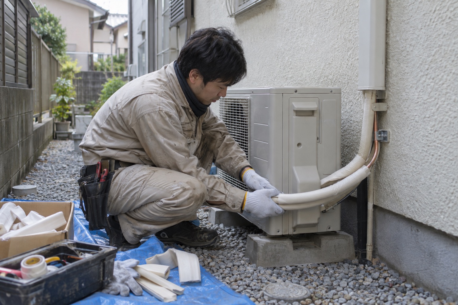 室外機まわりで配管を整える空調作業員(AI生成の作業イメージ)