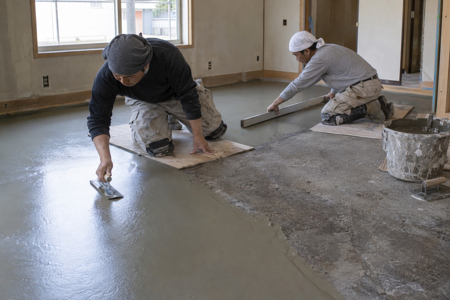 室内の床面をこてで均しながら仕上げる作業(AI生成の作業イメージ)