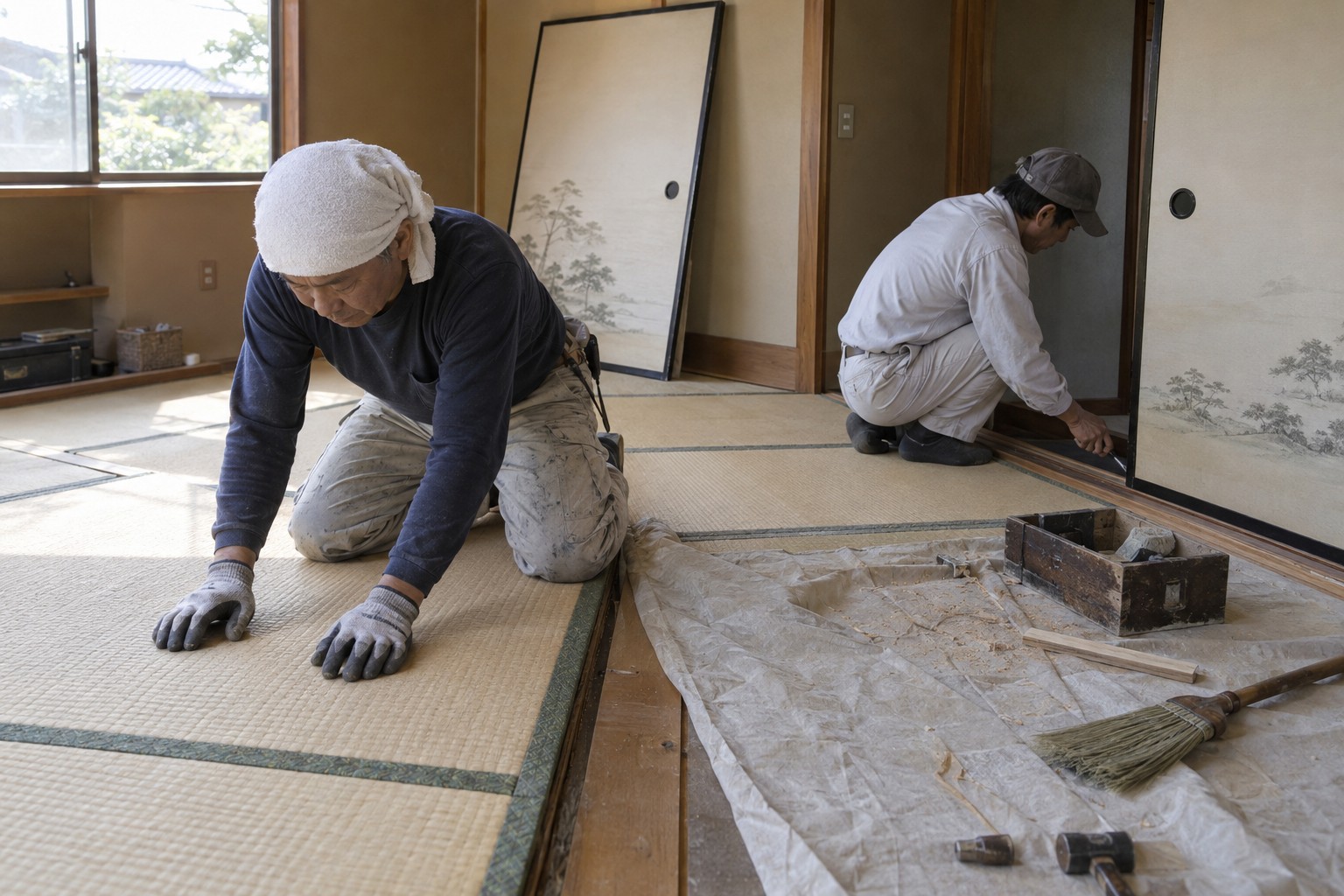 和室の畳とふすまの納まりを調整する作業（AI生成の作業イメージ）