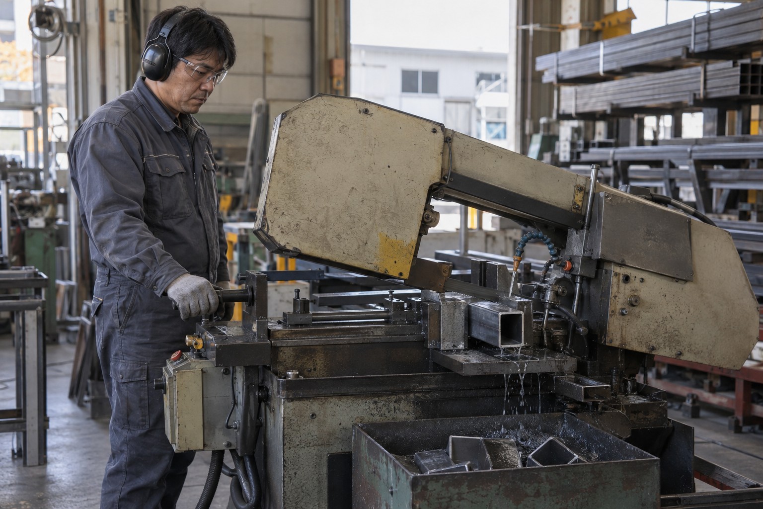 作業場の切断機で鋼材を切り出す作業（AI生成の作業イメージ）