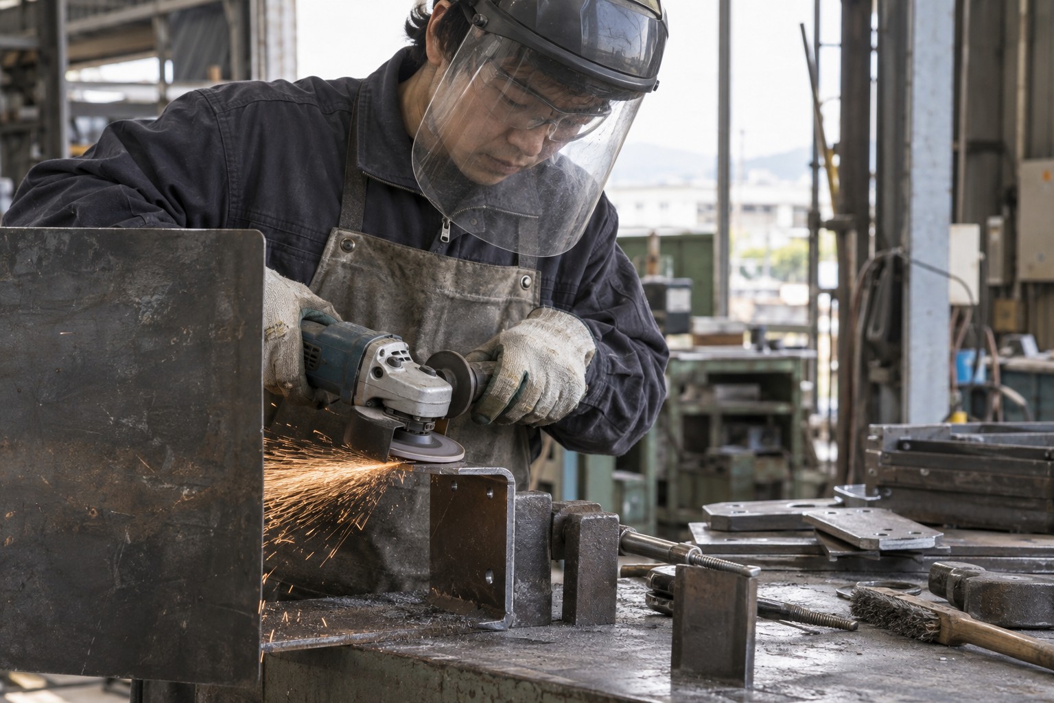 固定した鋼材の角をグラインダーで整える作業（AI生成の作業イメージ）