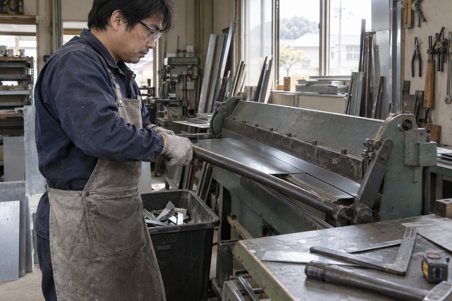 作業場の曲げ機で金属板を加工する作業（AI生成の作業イメージ）