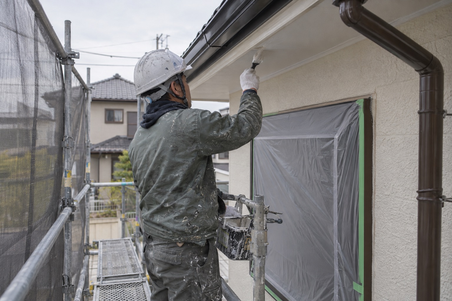 養生した窓の上で軒天を刷毛で塗る職人(AI生成の作業イメージ)