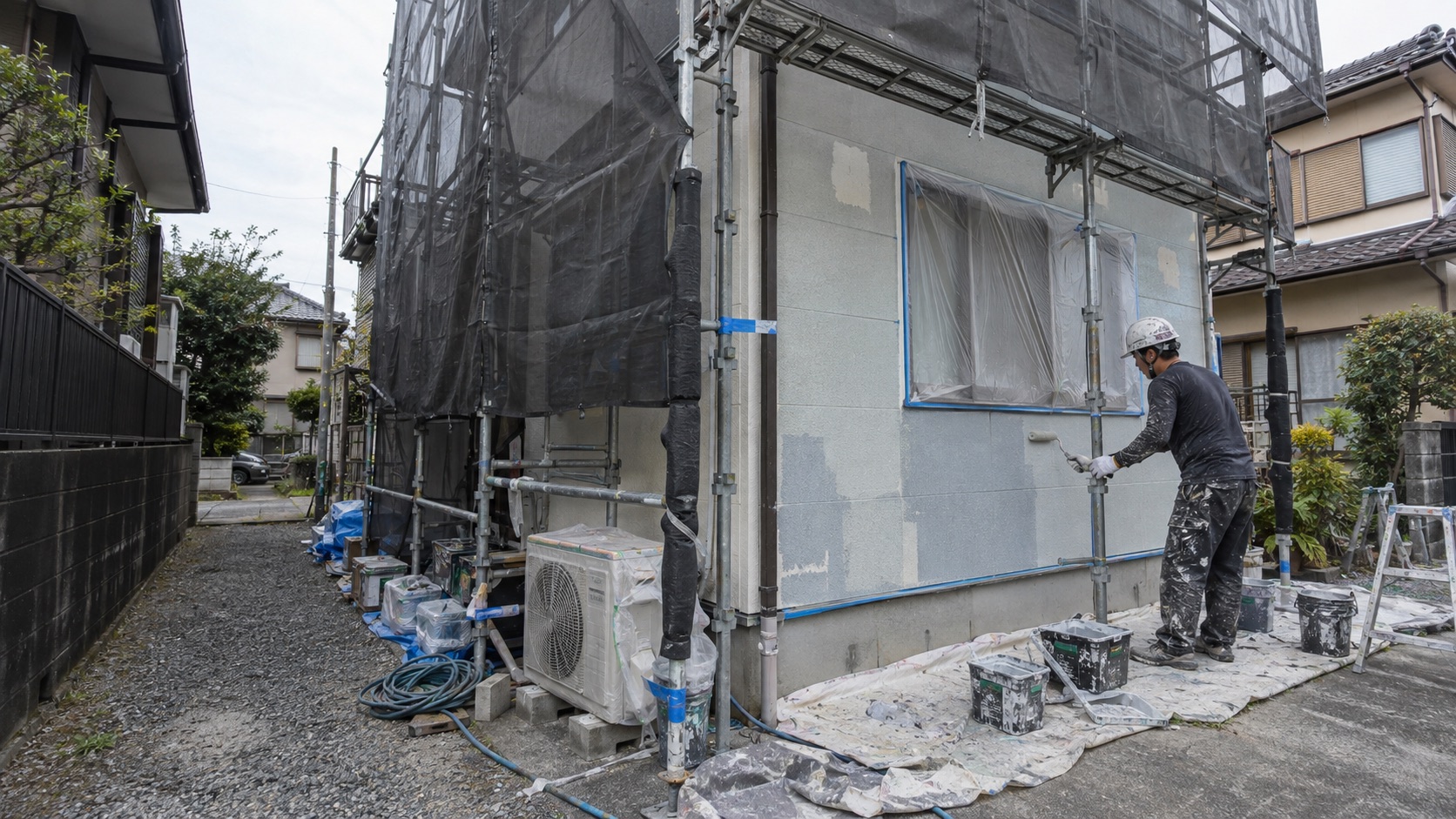 養生と塗料缶のある二階建て住宅で外壁を塗る職人（AI生成の作業イメージ）