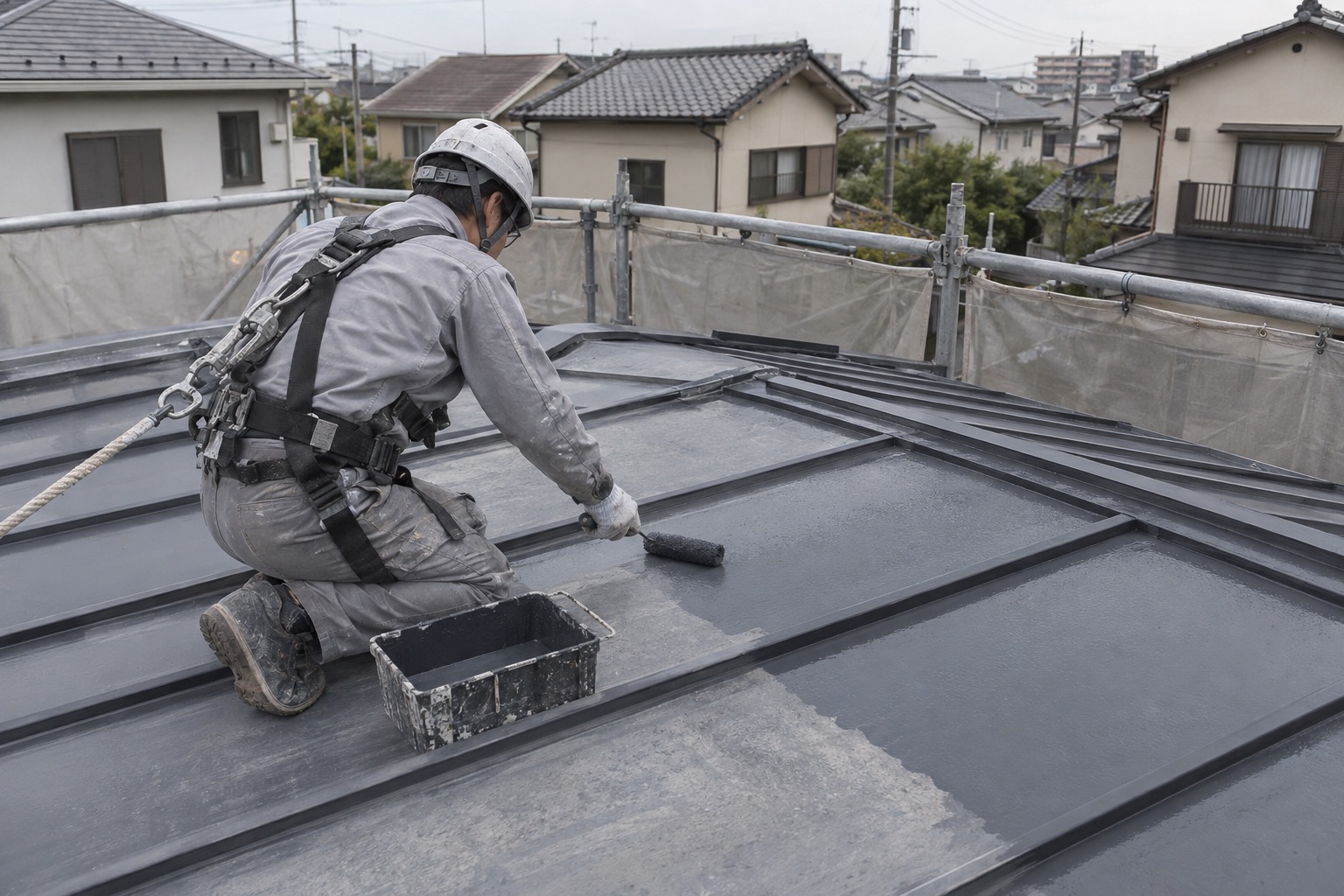 屋根の塗り替えを進める職人（AI生成の作業イメージ）