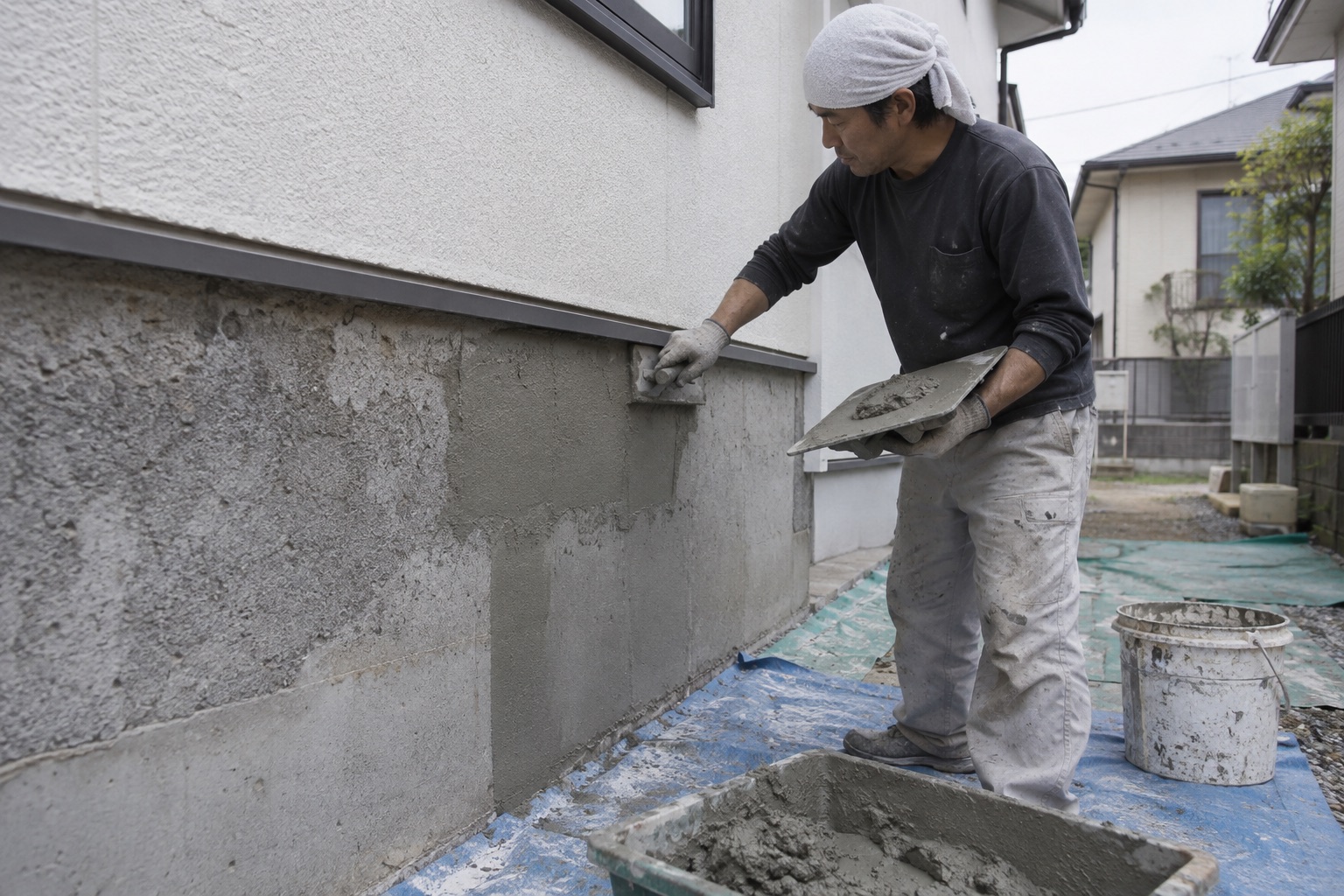 住宅の外壁下部にモルタルを塗る左官作業(AI生成の作業イメージ)