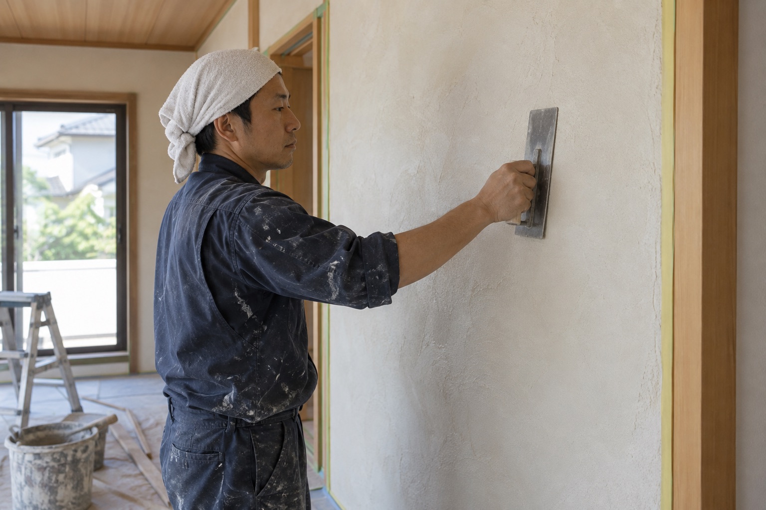 塗り上げた壁の表面をこてで整える仕上げ作業（AI生成の作業イメージ）