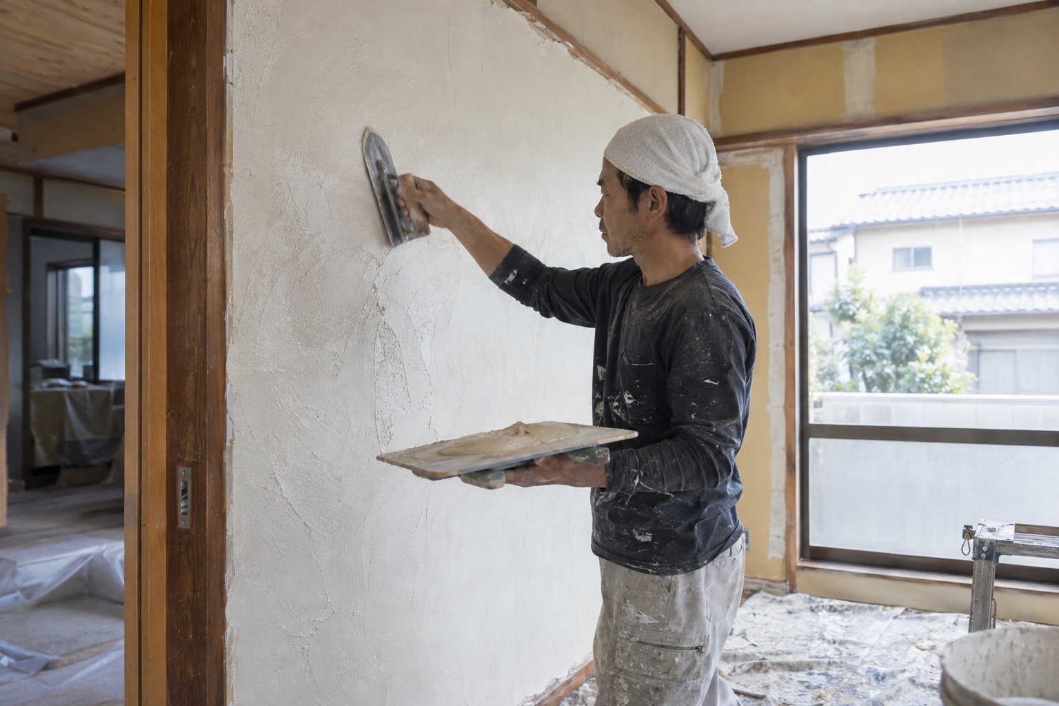 室内の壁にしっくいを塗る左官作業(AI生成の作業イメージ)
