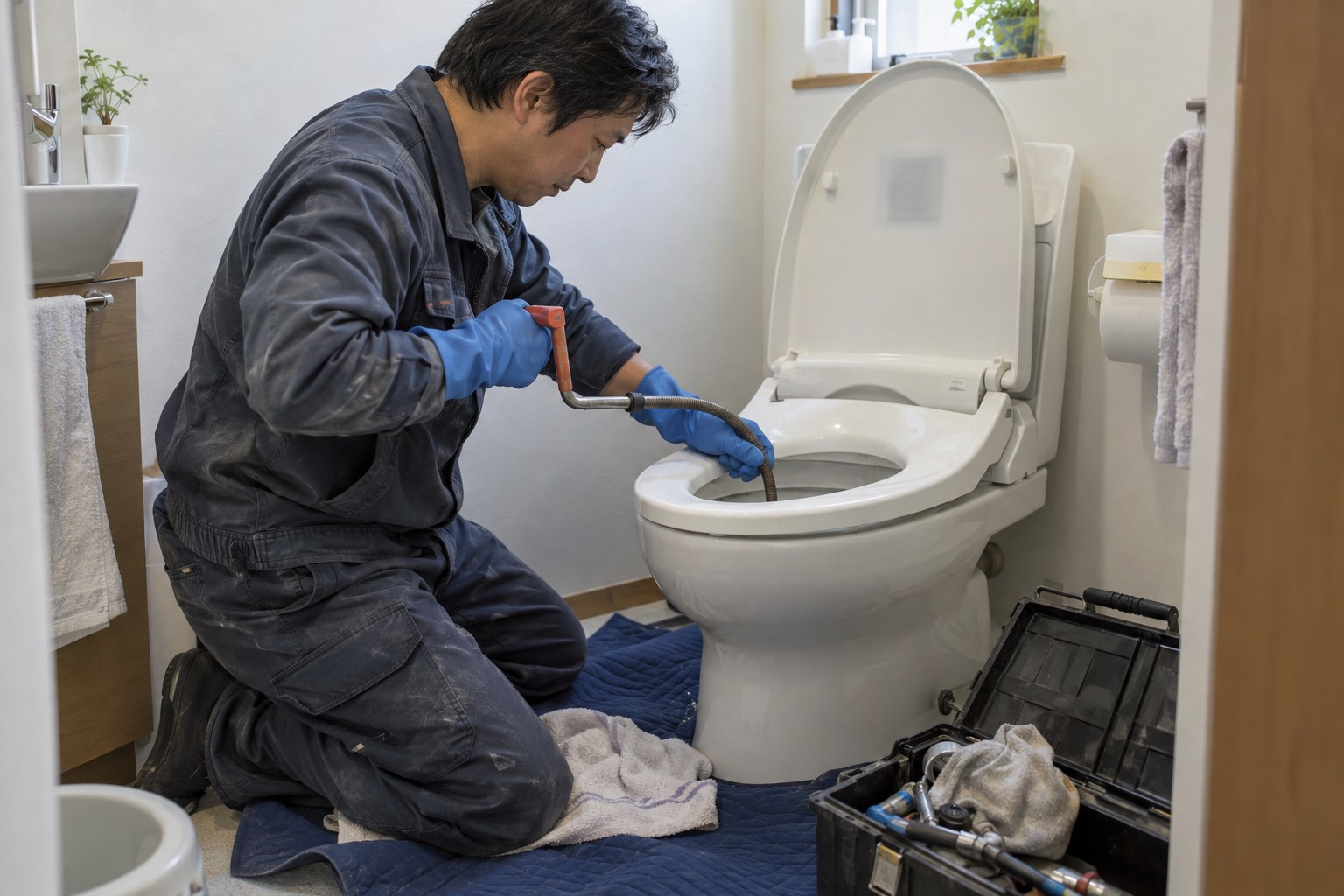 便器の排水口を専用工具で点検する作業(AI生成の作業イメージ)