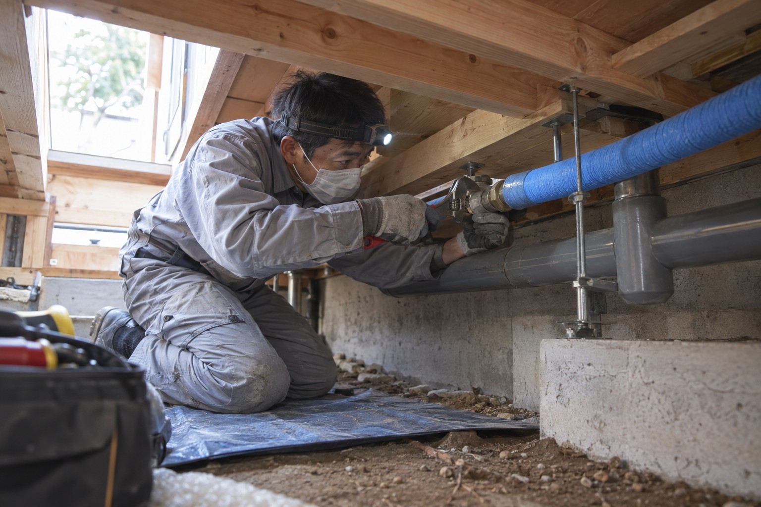 住宅の床下で給排水管の継ぎ手を整備する作業（AI生成の作業イメージ）
