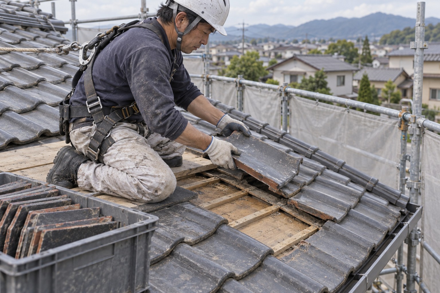 古い屋根材を手で取り外す職人（AI生成の作業イメージ）