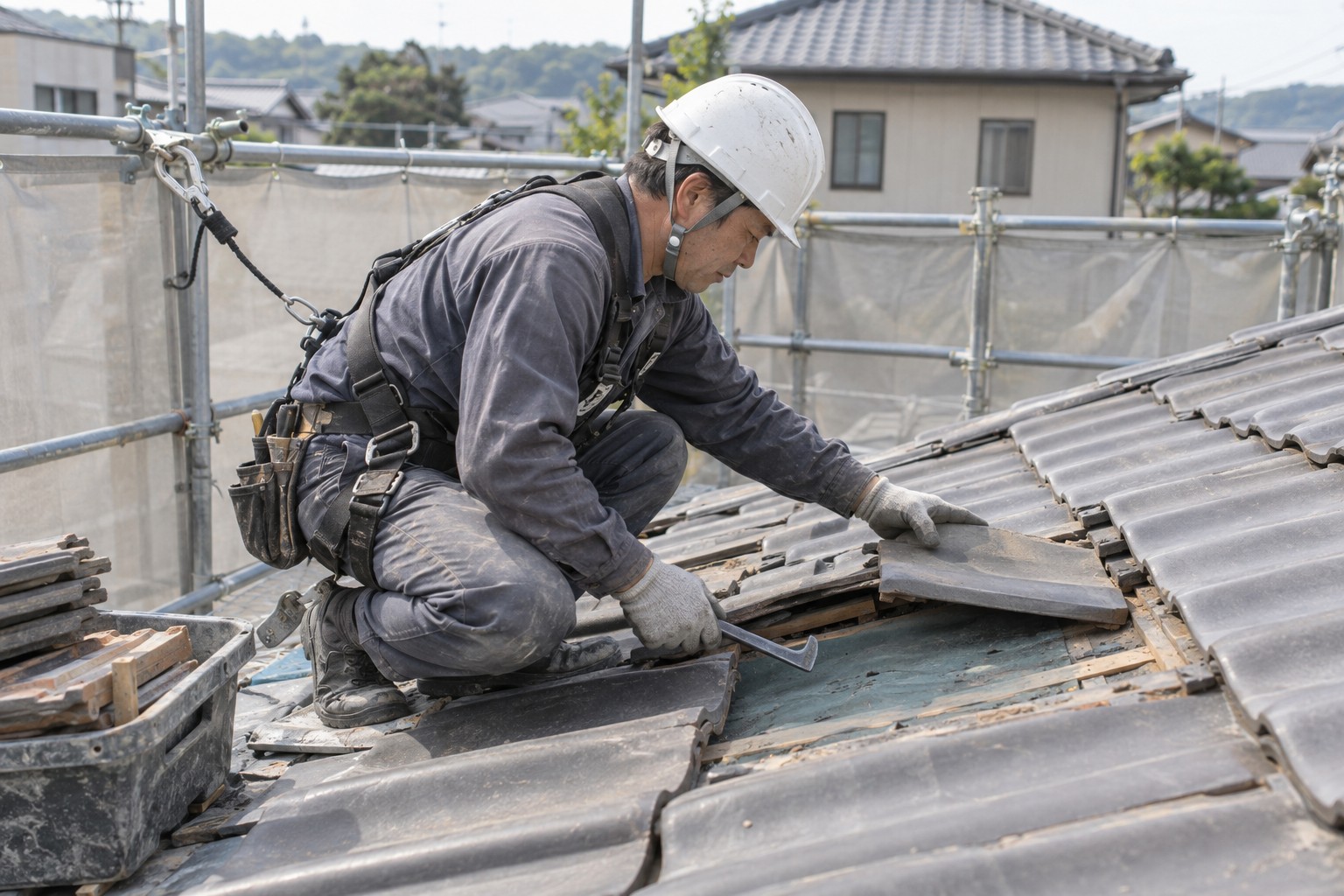瓦を持ち上げて屋根下地を補修する職人（AI生成の作業イメージ）