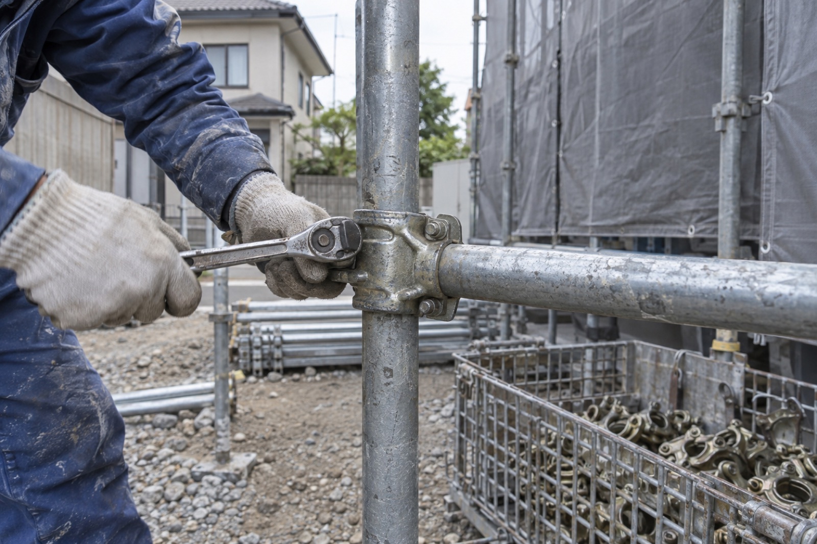 足場の鋼管をつなぐクランプを工具で締める手元(AI生成の作業イメージ)