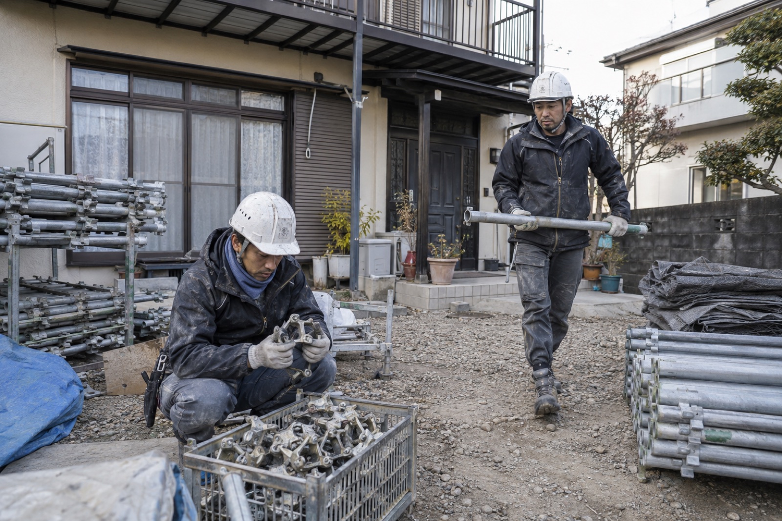 住宅の脇で足場材を整理し組立ての準備をする作業(AI生成の作業イメージ)