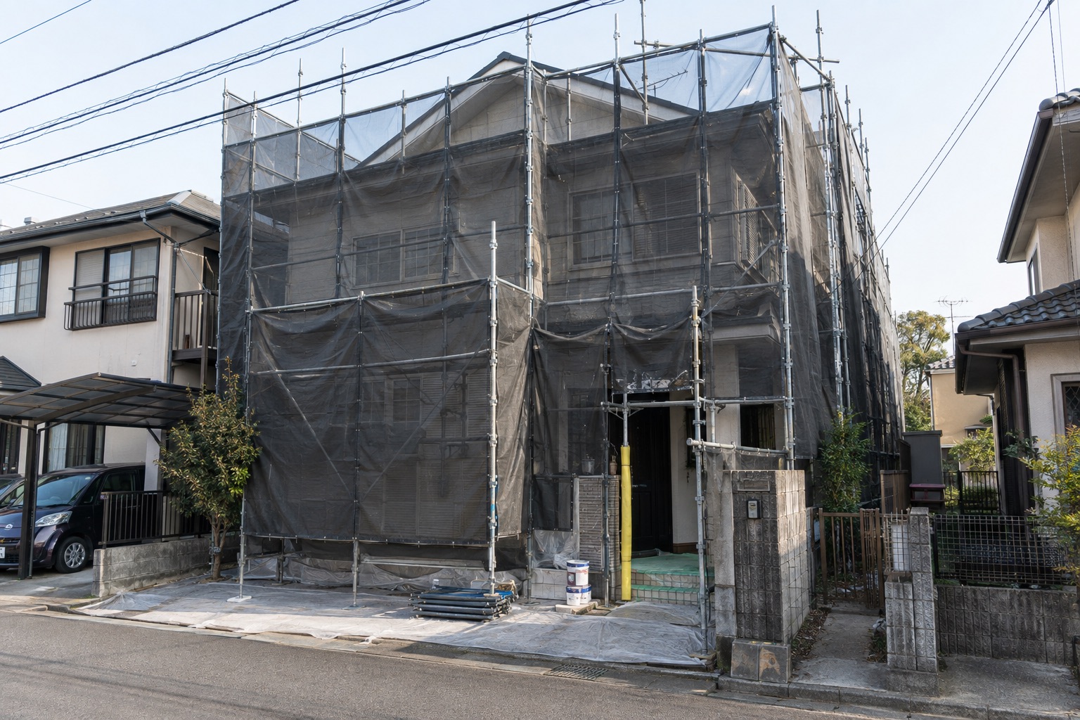 足場と養生ネットに囲まれた住宅の工事現場（AI生成の作業イメージ）