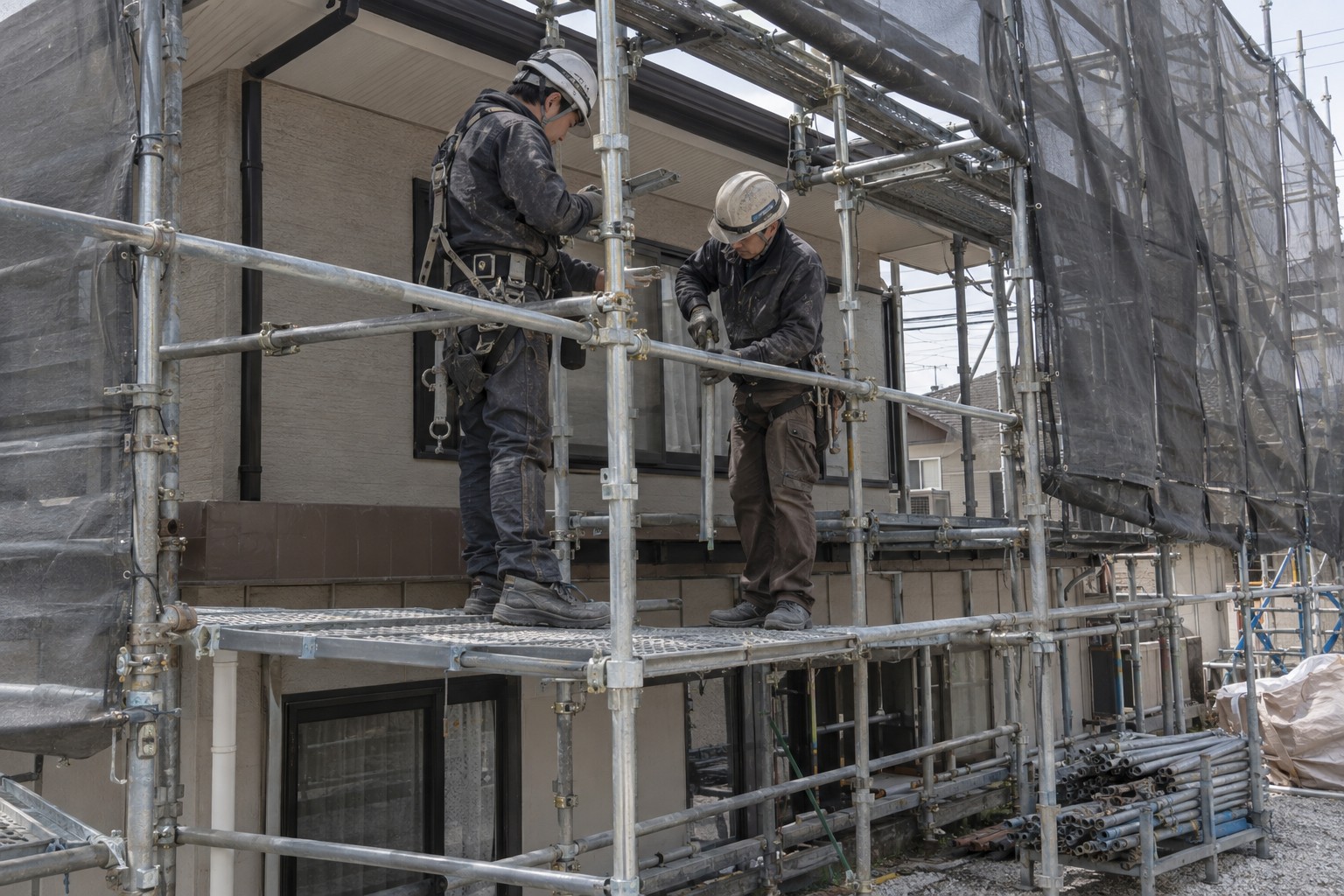 住宅の足場を二人で点検し整える作業(AI生成の作業イメージ)