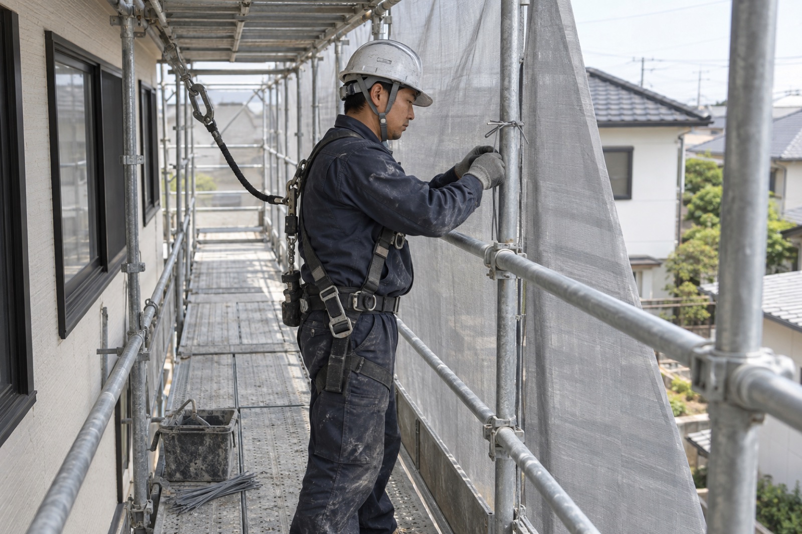 手すりのある作業床から足場のメッシュシートを固定する作業(AI生成の作業イメージ)