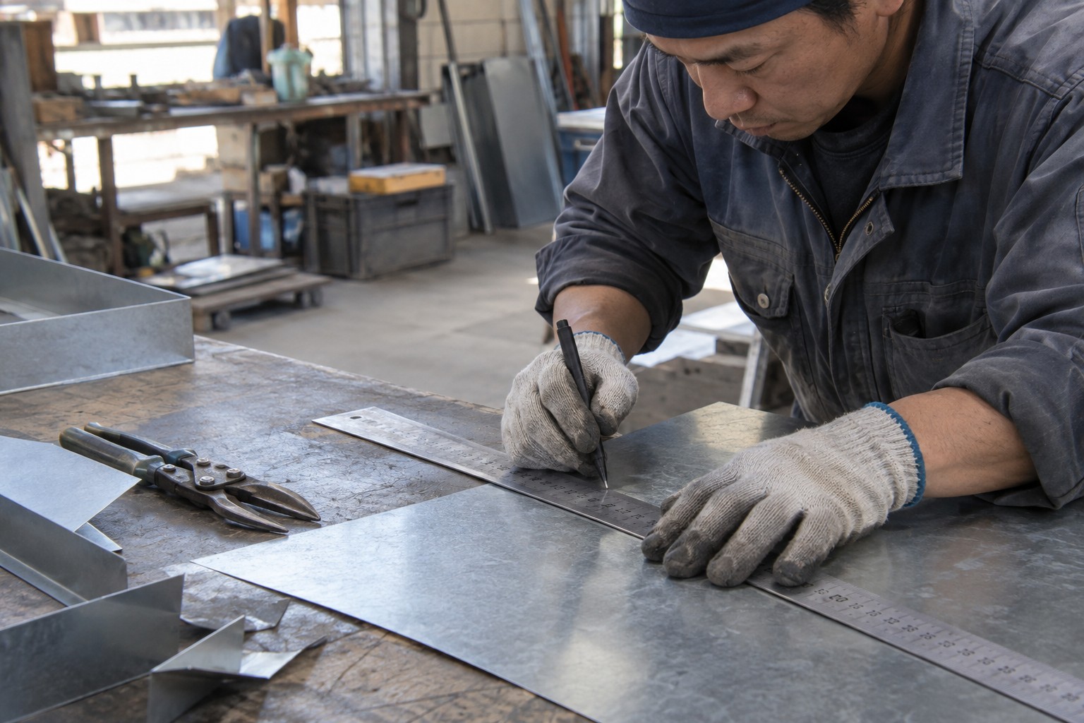 金属板に寸法の印を付ける板金作業（AI生成の作業イメージ）
