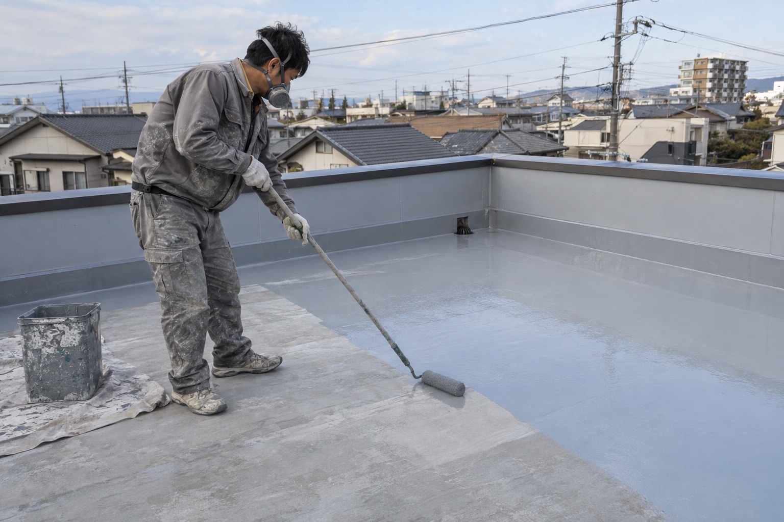 屋上の床面に防水材を塗り広げる作業員(AI生成の作業イメージ)