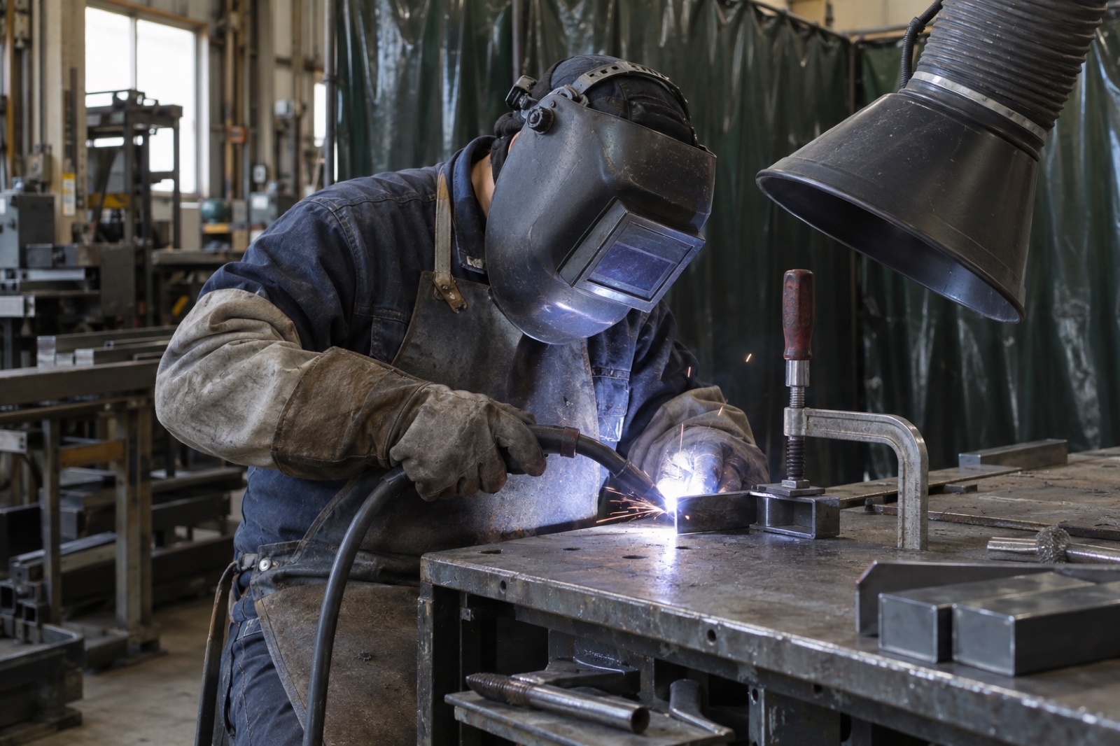 遮光面と保護具を着けて鋼材を溶接する作業（AI生成の作業イメージ）