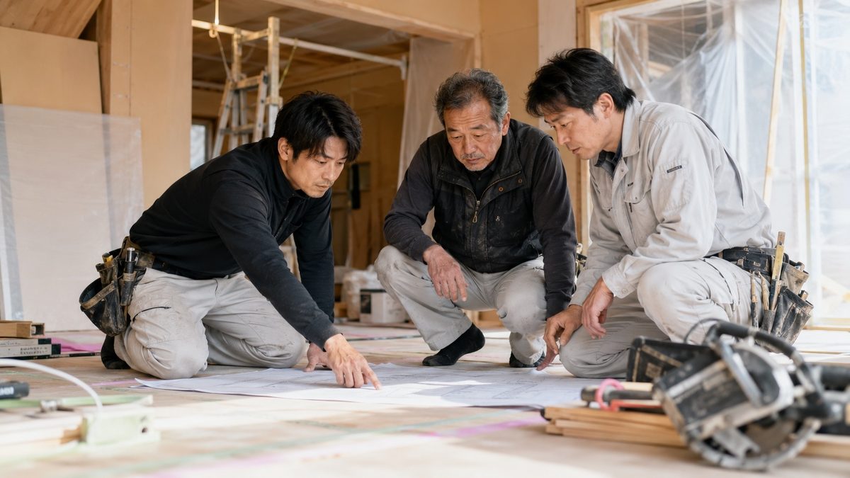 床に図面を広げて打ち合わせる三人の作業者（AI・構成見本）