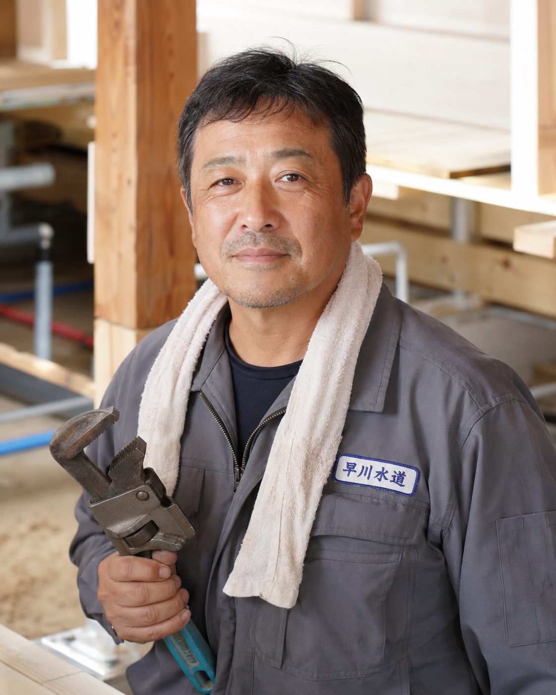 作業場で工具を持つ架空の設備職人(AI・構成見本)
