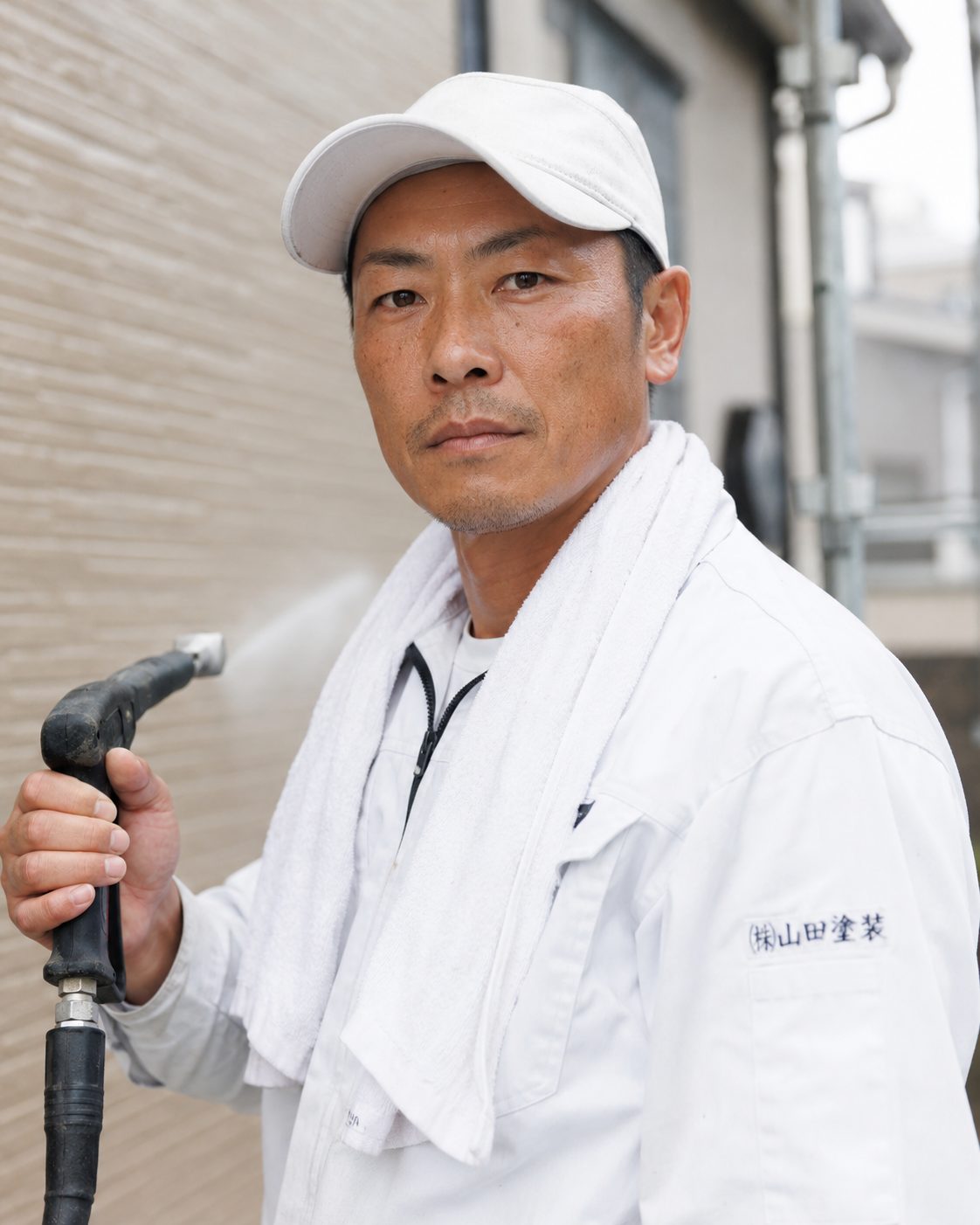 道具を手に持った白い作業服の架空人物（AI・構成見本）