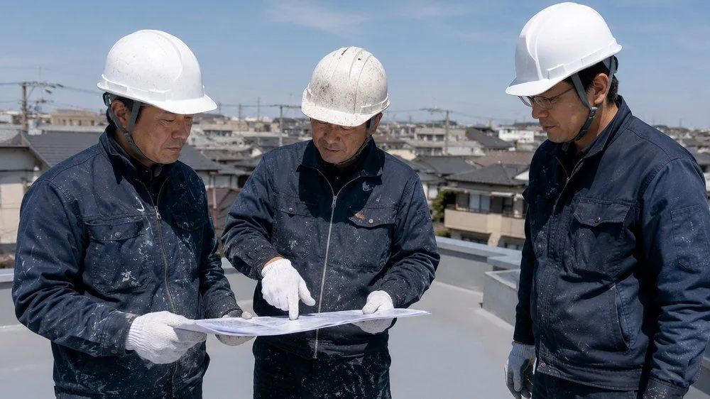 屋外で図面を広げて確認するヘルメット姿の三人（説明用イメージ）